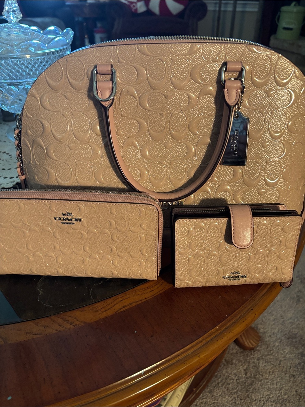 Coach Blush Pink Signature Embossed Dome Satchel with Matching Wallets